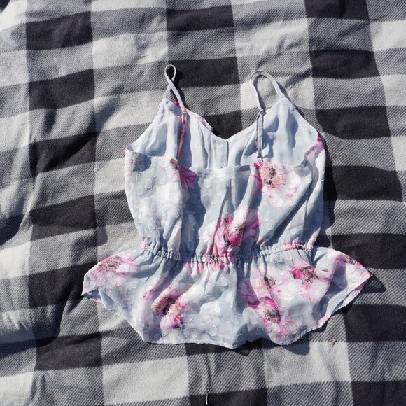 NWT Size M Express Floral Spaghetti Strap Blue Polka Dot Peplum Top - Picture 3 of 7